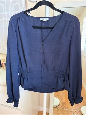 Topshop Navy V-Neck Button-Front Smocked Waist Blouse